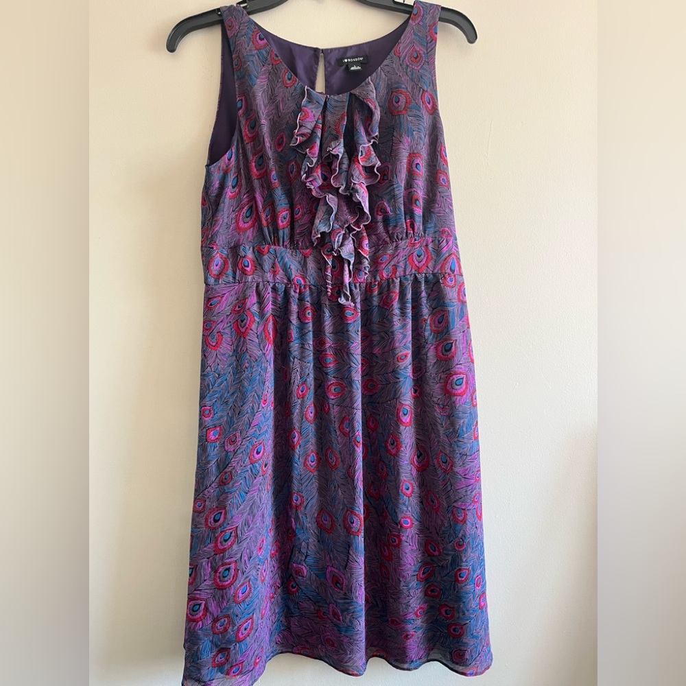 Preloved I Ronson Peacock Midi Dress with Ruffle Neck and dbl lined size L.